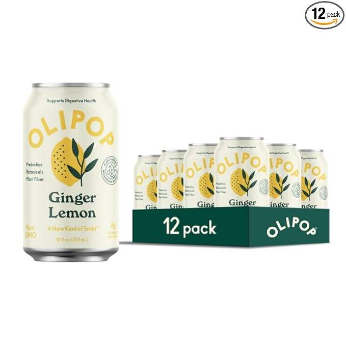 OLIPOP Prebiotic Soda Pop, Ginger Lemon, A New Kind of Soda Packed with Prebiotics, Fiber, and Botanicals, Gluten Free, Vegan, GMO Free, 12oz (12-Cans)