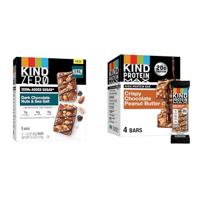 KIND ZERO Added Sugar Bars, Keto Friendly Snacks, Dark Chocolate Nuts and Sea Salt, 5 Count + KIND Protein MAX Crispy Chocolate Peanut Butter Snack Bars, 20g of Protein, Gluten Free, 4 Count