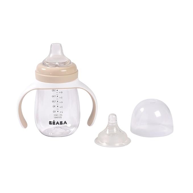 BEABA 2-in-1 Baby Bottle to Transition Sippy Cup, No Spill Sippy Cup, Includes Removable Handles, Silicone Baby Bottle Nipple and Soft Spout, 7 oz Oat