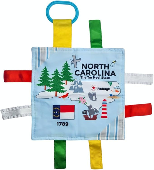 Baby Jack & Co 8x8” Learning Lovey North Carolina State Tag Stroller Toy for Babies - Crinkle Toys for Developing Five Senses - Learn About Capitals - Travel with Baby Jack - BPA Free Clip