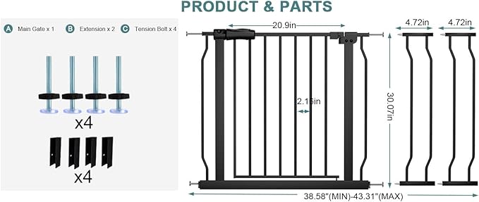 Extra Wide Baby Gate Tension Indoor Safety Gates Black Metal Large Pressure Mounted Pet Gate Walk Through Long Safety Dog Gate for The House Doorways Stairs (38.58"-43.31"/98-110CM, Black)
