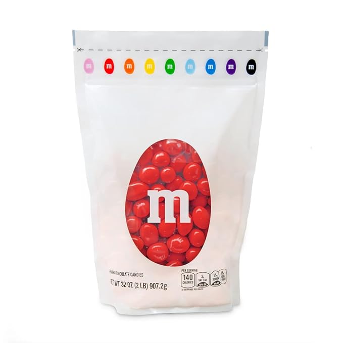 M&M’S WORLD Peanut Red Chocolate Candy 2lb Resealable Pack for Graduation Wedding 4th of July Candy Buffet Birthday Parties Candy Bar and Edible Decoration
