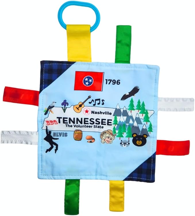 Baby Jack & Co 8x8” Learning Lovey Tennessee State Tag Stroller Toy for Babies - Crinkle Toys for Developing Five Senses - Learn About Capitals - Travel with Baby Jack - BPA Free Clip