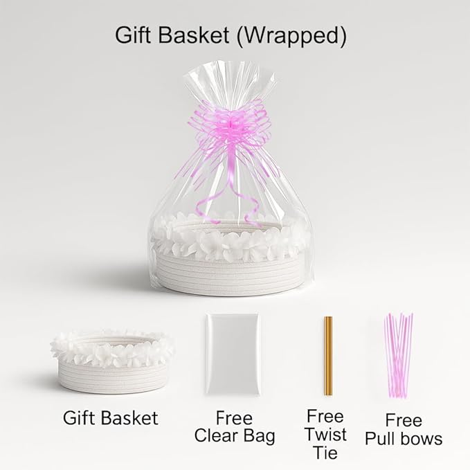 Yimi's Dream Cotton Rope Gift Basket – White Woven Gift Basket with Lace, Decorative Organizer for Baby Shower, Housewarming, Nursery, Toys, Socks, Diapers, Christmas, Holiday Gifts