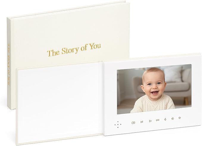 The Story of You – Luxury Memory Video Book, Linen Cover with Gold Foil, 7″ HD Screen, 4GB Rechargeable Digital Album for Baby Keepsake & Newborn Gift