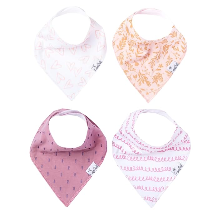 Copper Pearl 4 Pack Soft Cotton Baby Bibs for Drooling and Teething, Absorbent Drool Bibs for Baby Girl and Boy, Adjustable to Fit Newborns to Toddlers, Tons of Styles (Lola)