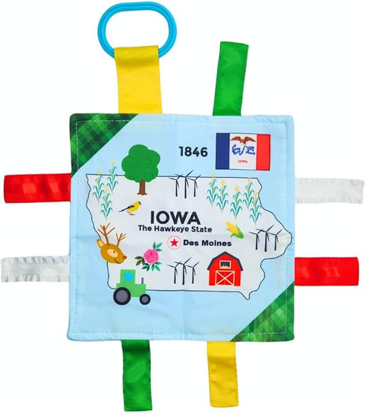 Baby Jack & Co 8x8” Learning Lovey Iowa State Tag Stroller Toy for Babies - Crinkle Toys for Developing Five Senses - Learn About Capitals - Travel with Baby Jack - BPA Free Clip