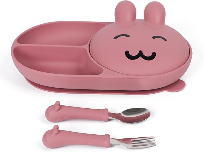 Silicone Baby Plate ,Toddler plates,Self-feeding of infants after weaning , 100% Food Grade Silicone, BPA Free, Including Fork and Spoon, Baby Plates With Suction, Divided Plate for Babies (pink)