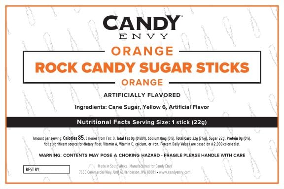 Orange Rock Candy Sugar Sticks - Orange Flavored - 36 Individually Wrapped Candy