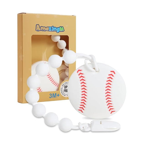 Baby Food Grade Silicone Sport Ball Teether Toy with Pacifier Clip Holder,Teething Toys Gift Set for 3 Months+ Boys and Girls,Freezer Safe,BPA Free. (Baseball)