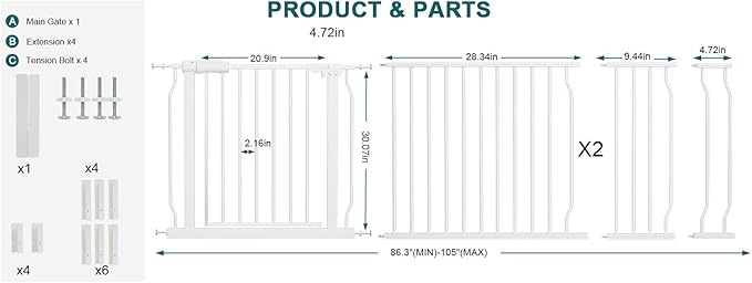 Extra Wide Baby Gates Large Long Dog Gates for The House Doorways Stairs Pressure Mount Dog Pet Gate Walk Through Metal Child Indoor Safety Gates (White, 86.3"-105"/219-267CM)