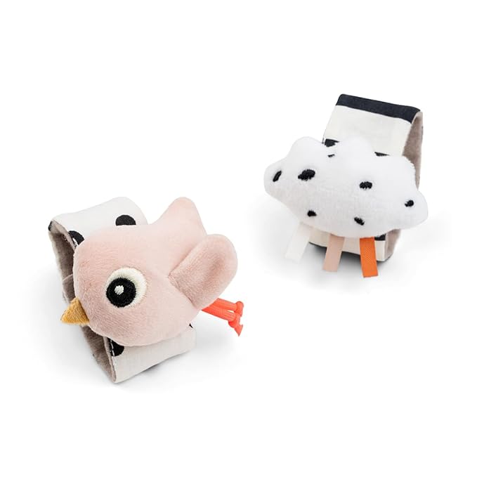 Done by Deer Wrist Rattle Set for Babies - 2-Pack Happy Clouds - Newborn Sensory Toy with Crinkle & Rattle Sound – Soft Baby Bracelet for Wrist or Ankle – Powder Pink – from 0 Months