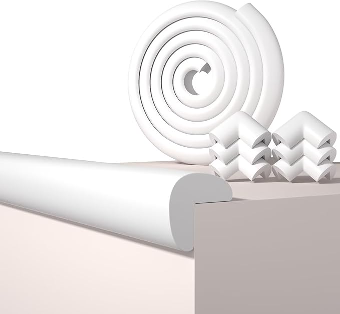 Baby Proof Edge Corner Protector, 6.56FT 0.47''Th L-Shape Furniture Corner & Edge Safety Bumpers with 6 Corners, Pre-Taped, Soft NBR Rubber Foam Desk Edge Cushion Wall Corner Protector(White-gray)