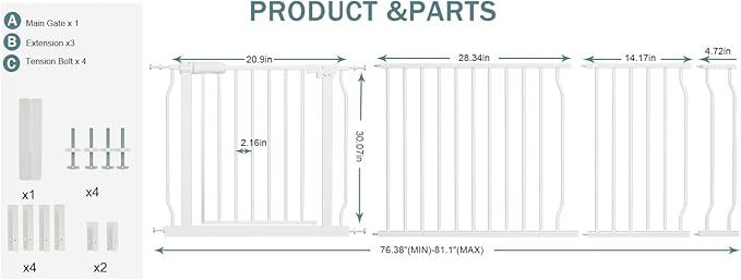Extra Wide Baby Gates Large Long Dog Gates for Doorways Stairs Pressure Mounted Dog Pet Gate Walk Through Metal Child Indoor Safety Gates (White, 76.38"-81.10"/194-206CM)