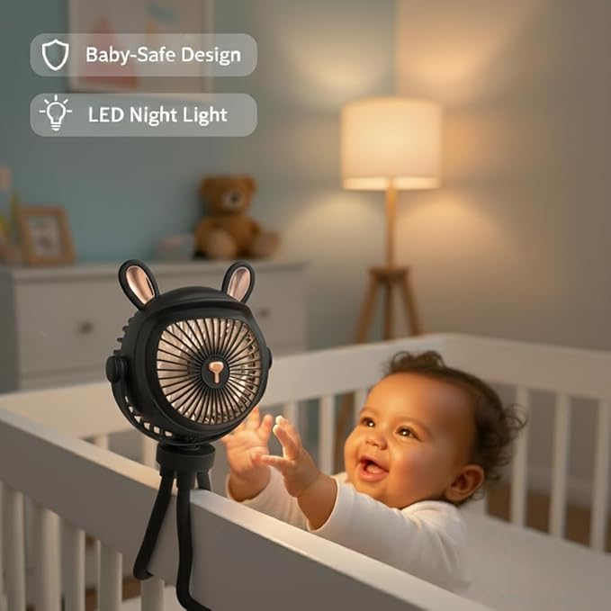 Stroller Fan for Baby with LED Light – Portable Clip-On Fan with Flexible Tripod Legs, USB Rechargeable, 3 Speeds, 120 Minutes Battery Life, Quiet Cooling for Travel, Nursery & Car Seat