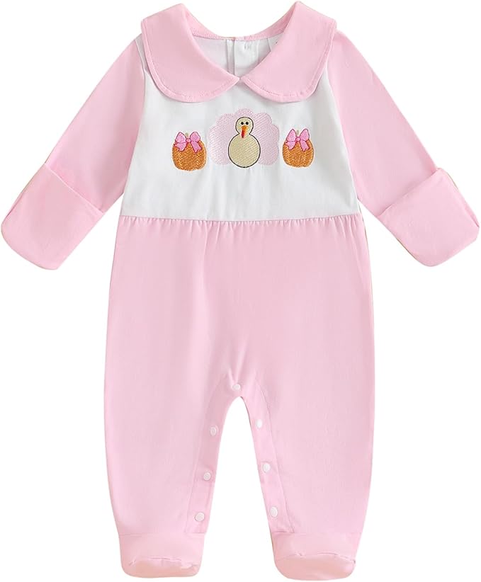 woshilaocai Baby Fall Outfit Boy Girl Plaid Embroidered Collar Romper Footie Infant Halloween Clothes