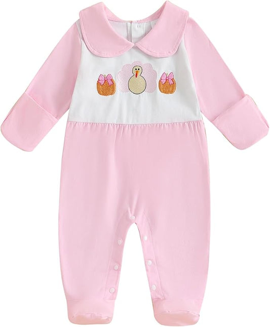 woshilaocai Baby Fall Outfit Boy Girl Plaid Embroidered Collar Romper Footie Infant Halloween Clothes