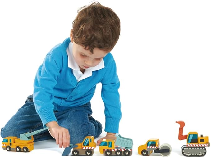 Tender Leaf Toys - Construction Site - Four Heavy Vehicles with Crane Truck, Road Roller, Dump Truck and Front Loader - Build Your Own Construction Site and Develops Fine Motor Skills for Children 3+