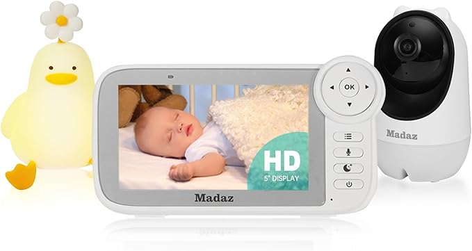 Madaz No WiFi Baby Monitor with Color Night Vision, 5" HD Display,1080P Pan Tilt Zoom Camera, Lullabies, Temperature Sensor, 2-Way Talk, 1000ft Range + Duck Night Light