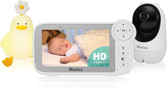Madaz No WiFi Baby Monitor with Color Night Vision, 5" HD Display,1080P Pan Tilt Zoom Camera, Lullabies, Temperature Sensor, 2-Way Talk, 1000ft Range + Duck Night Light