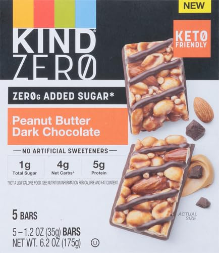 KIND ZERO Added Sugar Bars, Peanut Butter Dark Chocolate, Keto Friendly Snacks, Gluten Free, 5g Protein, 5 Count