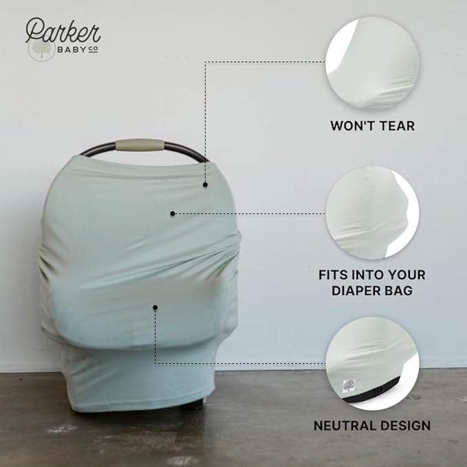Parker Baby 4 in 1 Car Seat Cover for Girls and Boys - Stretchy Carseat Canopy, Nursing Cover, Grocery Cart Cover, High Chair Cover - Sage