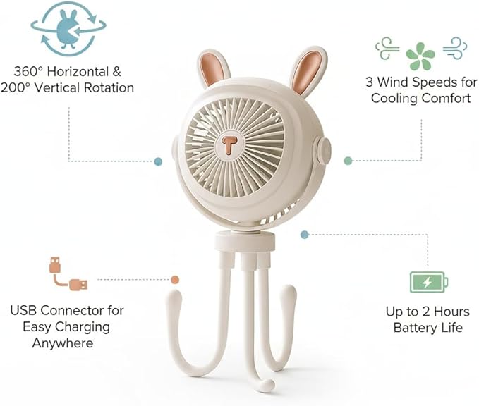 Stroller Fan for Baby with LED Light – Portable Clip-On Fan with Flexible Tripod Legs, USB Rechargeable, 3 Speeds, 120 Minutes Battery Life, Quiet Cooling for Travel, Nursery & Car Seat