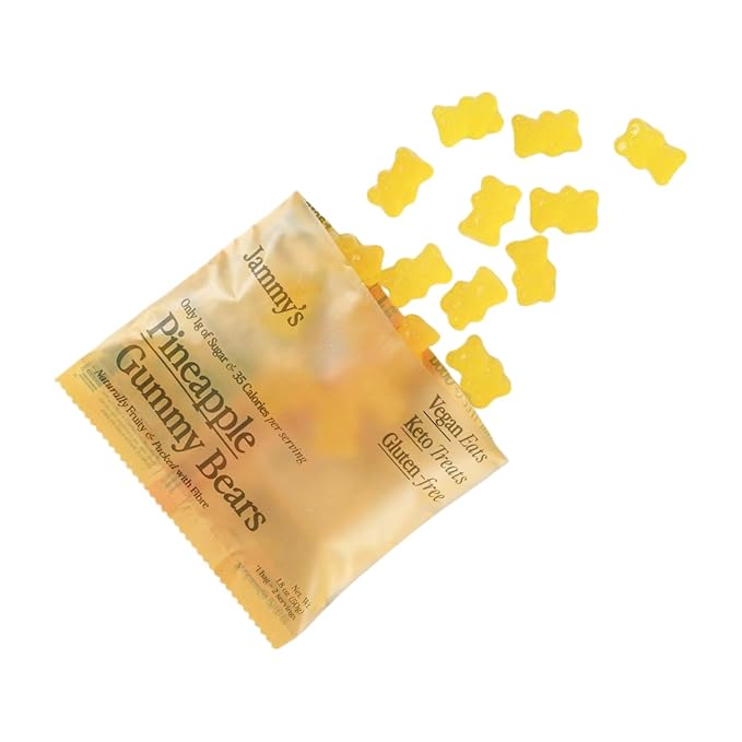 Jammy's™ - Pineapple Gummy Bears | Sugar-Free & Vegan-Friendly | Keto-Friendly, Gluten-Free, Low Carb, High Fibre & Naturally Fruity | Delicious, Soft & Chewy | Box of 6 x 50g Bags