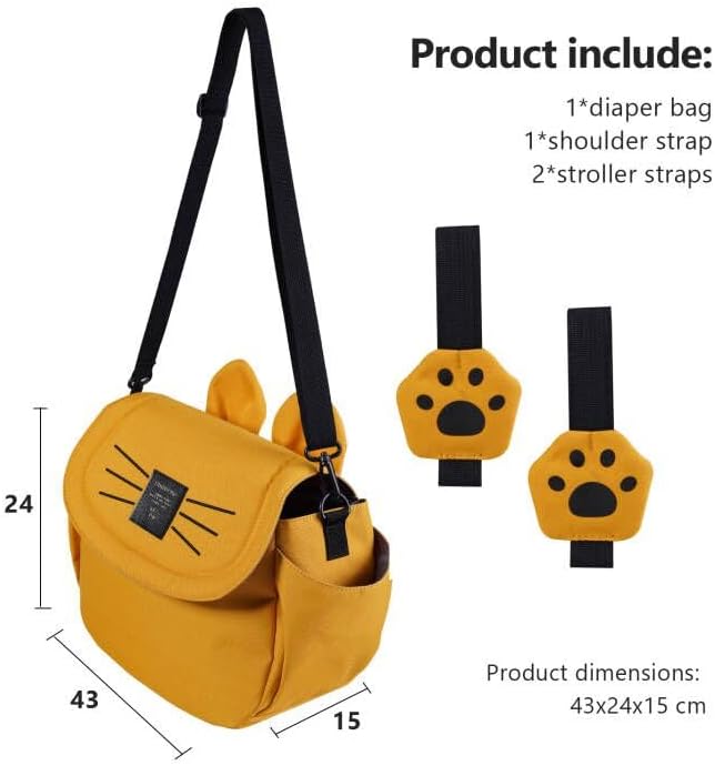 SUNVENO Kitty Stroller Organizer Bag – Universal Baby Stroller Caddy with 2 Cup Holders, Adjustable Straps, Waterproof Oxford, Lightweight Travel Accessory for Strollers, Prams & Pushchairs,Yellow