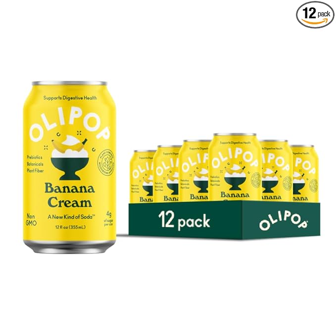 OLIPOP Prebiotic Soda Pop, Banana Cream, A New Kind of Soda Packed with Prebiotics, Fiber, and Botanicals, Gluten Free, Vegan, GMO Free, 12oz (12-Cans)