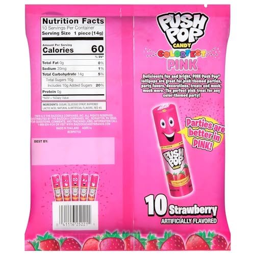 Push Pop Pink Candy Lollipops, 10 Ct Individually Wrapped in Pink Strawberry Flavor, Full Size, Fun Hard Candy Lollipops For Party Favors, Birthday Parties, Goodie Bags, Fun Gifts