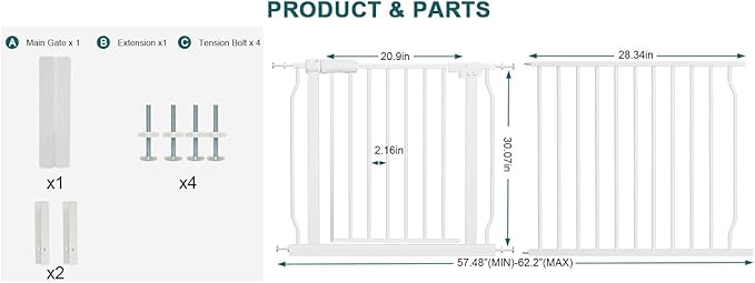 Extra Wide Baby Gate Tension Indoor Safety Gates White Metal Large Pressure Mounted Pet Gate Walk Through Long Safety Dog Gate for The House Doorways Stairs (57.48"-62.2"/146-158CM, White)
