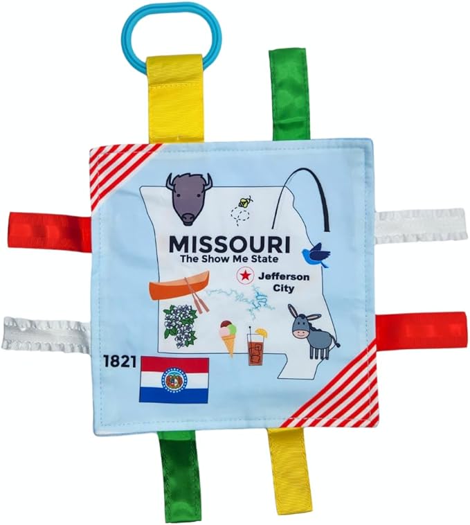 Baby Jack & Co 8x8” Learning Lovey Missouri State Tag Stroller Toy for Babies - Crinkle Toys for Developing Five Senses - Learn About Capitals - Travel with Baby Jack - BPA Free Clip