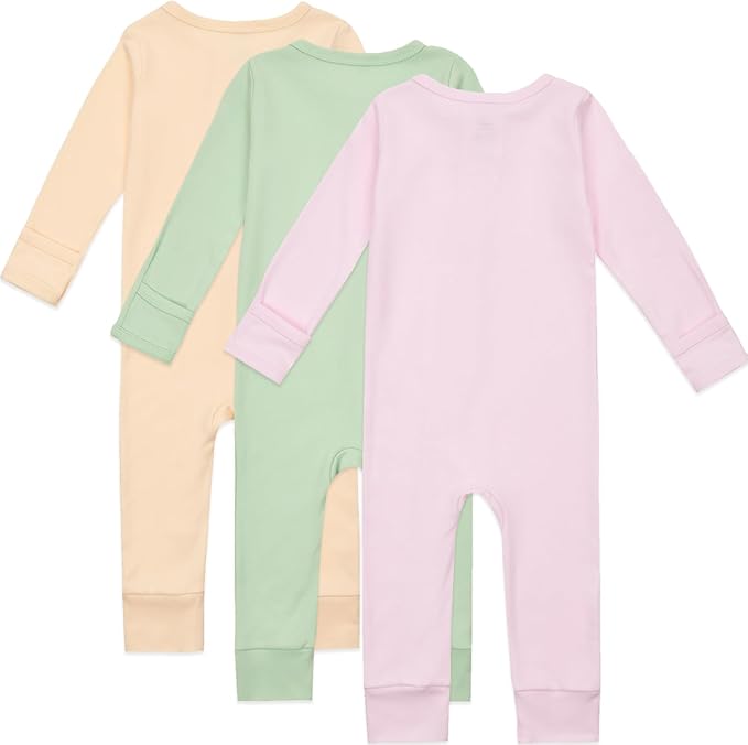 Aablexema Baby Cotton Fooltess Pajamas with Mitten, 3-pack Infant Romper Zip Up One Piece Jumpsuits Outfit