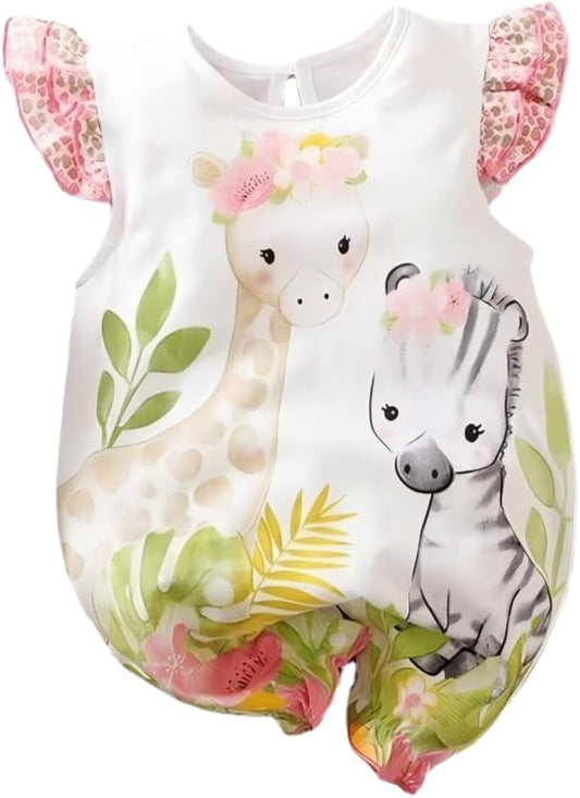 Cute Giraffe + Zebra With Floral Print Long Sleeve Baby Girl Clothes White Jumpsuit For Baby One-Piece Romper