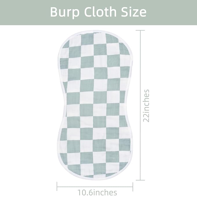 LifeTree Muslin Baby Burp Cloths - 2 Pack 70% Viscose from Bamboo and 30% Cotton Large 22'' by 10'' Absorbent Milk Spit Up Rags - Burping Cloths for Newborn, Girls Boys, Mushroom and Green Checkered