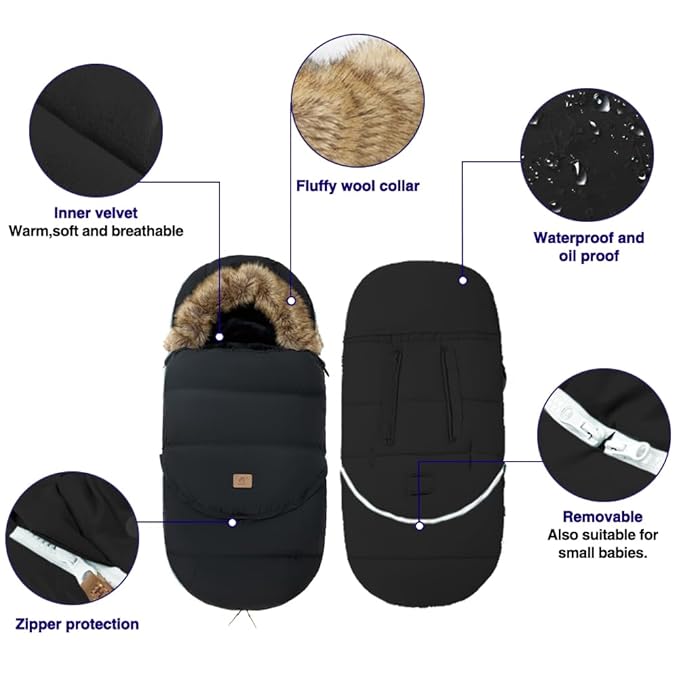 Fairy Baby Winter Cold Universal Stroller Bunting Bag for Baby Toddler-Waterproof Windproof Car Seat Cover Stroller Footmuff - Dog Outdoor Sleeping Bag with Oversized Fur Collar (Black)