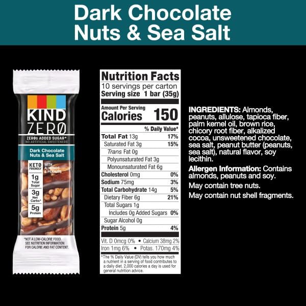 KIND ZERO Added Sugar Bars, Keto Snack, Dark Chocolate Nuts and Sea Salt, Good Source of Fiber, Gluten Free, Low Sugar, 6g Protein, 10 Count