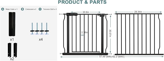 Extra Wide Baby Gate Extra Tall Tension Indoor Safety Gates Black Metal Large Pressure Mount Pet Gate Walk Through Safety Dog Gate for The House Doorways Stairs (57.48"-62.2"/146-158CM, Black)