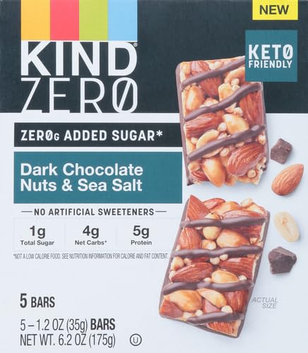 KIND ZERO Added Sugar Bars, Dark Chocolate Nuts and Sea Salt, Keto Friendly Snacks, Gluten Free, 5g Protein, 5 Count