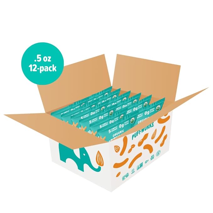 Puffworks Baby Organic Almond Butter Puffs, with Peanut Butter, Plant-Based Protein, USDA Organic, Gluten-Free, Vegan, Non-GMO, Kosher, 0.5 Ounce (Pack of 12)