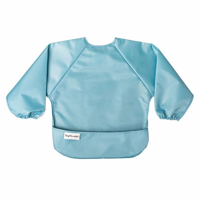 Tiny Twinkle Mess Proof Baby Bibs, 2pk Waterproof Smock Baby Bibs for Eating, Machine Washable Long Sleeve Bibs, Baby Led Weaning, Toddler Bibs, BLW Supplies (Slate Olive, Small 6-24 Months)