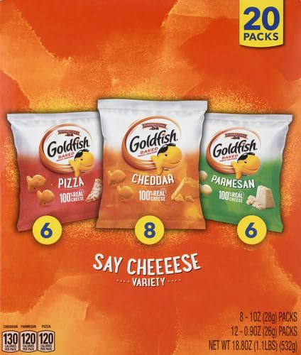 Goldfish Crackers Say Cheeeese Variety Pack with Cheddar, Pizza and Parmesan, Snack Packs, 20 Ct (Pack of 2)