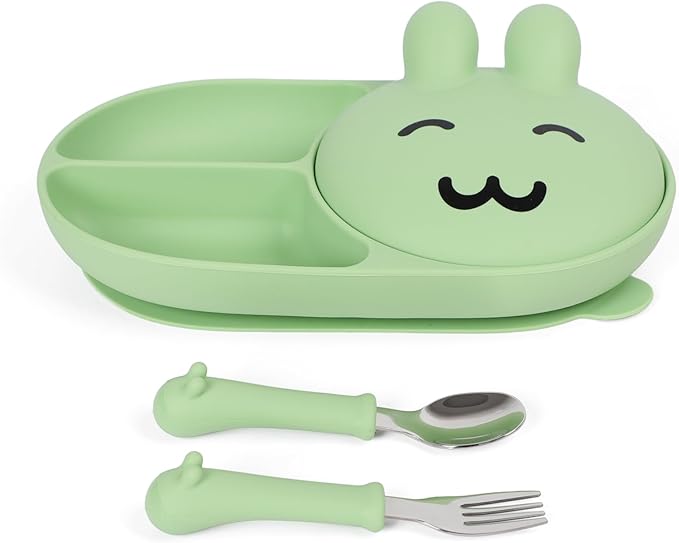 Silicone Baby Plate,Self-feeding of infants after weaning, 100% Food Grade Silicone, BPA Free, 3 Compartments Separated Including Fork and Spoon, Non-Slip With Suction Cups, Toddler plates (green)