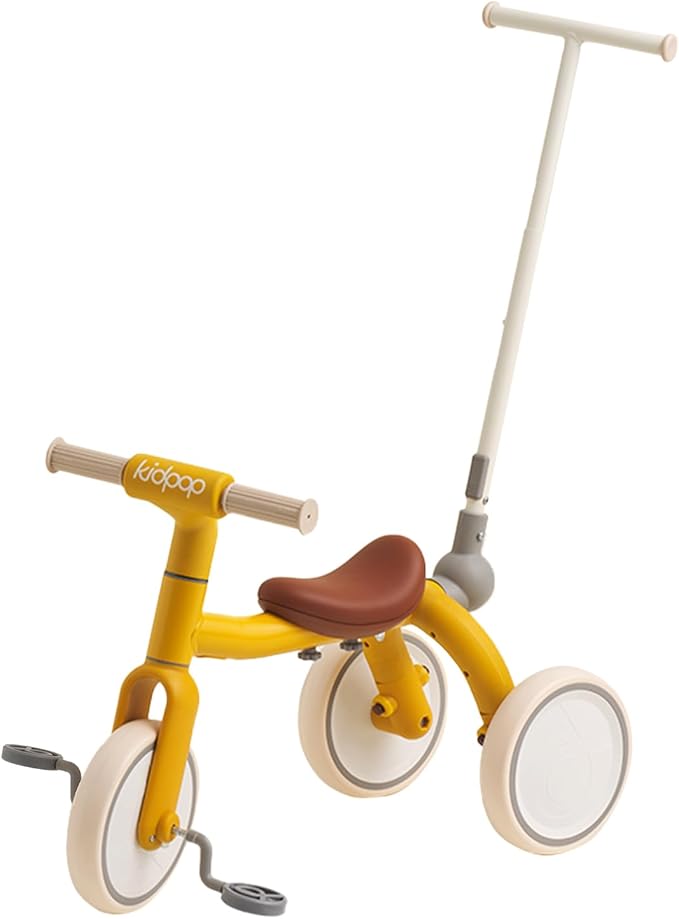 4-in-1 Toddler Tricycle with Adjustable Push Handle for 1-4 Year Old,Birthday Gift and Toy for Boys and Girls Removable Pedals Balance Bike&Scooter (Yellow)