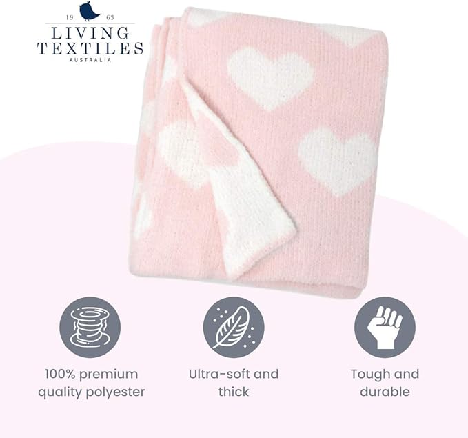 Living Textiles Pink Hearts Chenille Soft Baby Blanket Reversible Premium Cozy Fabric for Best Comfort - for Infant,Toddler,Newborn,Nursery,Girl,Throw,Crib,Stroller,Gift, Pink Hearts 40x30
