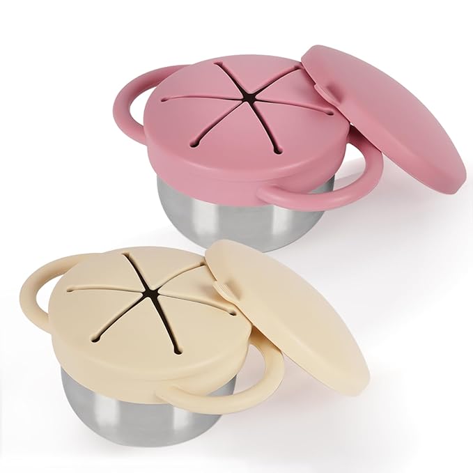 2 Pack 304 Stainless Steel Snack Cups for Toddlers, Toddler Snack Containers with Spill-Proof Silicone Travel Lid & Handle, Dishwasher Safe, Removable Snack Cup for Baby, Toddler, Kids