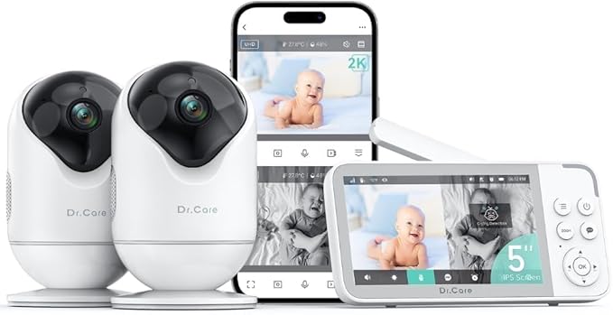 Dr.Care VistaView Smart WiFi Baby Monitor with 2 Cameras- 5” 1080P Split Screen & 2K Camera App Control, Cry & Motion Alerts, Night Vision, 5000mAh Battery, 2-Way Talk, Triple Security, 1279ft Range