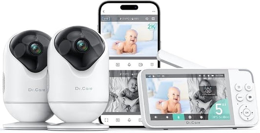 Dr.Care VistaView Smart WiFi Baby Monitor with 2 Cameras- 5” 1080P Split Screen & 2K Camera App Control, Cry & Motion Alerts, Night Vision, 5000mAh Battery, 2-Way Talk, Triple Security, 1279ft Range
