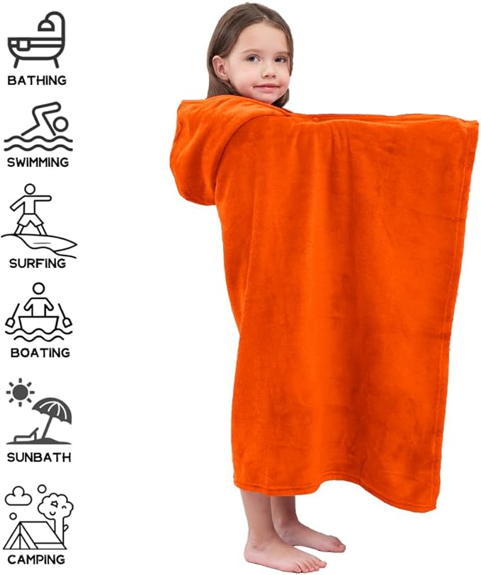 Hiturbo Kids Fleece Hooded Bath Towel: Soft Plush Pool Beach Towel Blanket - 50"x30" Toddler Towels Wrap for Boys Girls 3-12 Years (Orange)